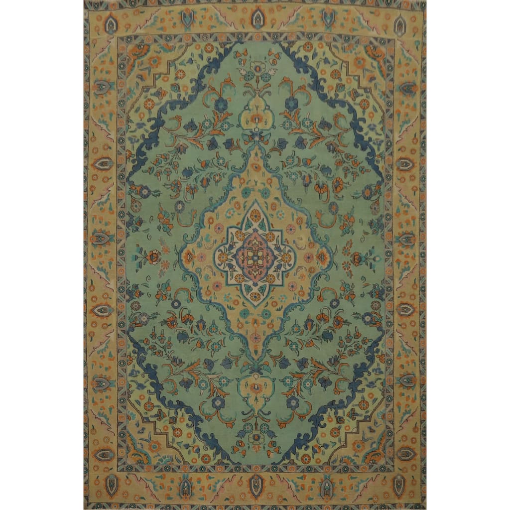 Hand Knotted Oriental 100% Wool Carpet Traditional Medallion Green Tabriz Area Rug - 11' 0'' X 8' 2''