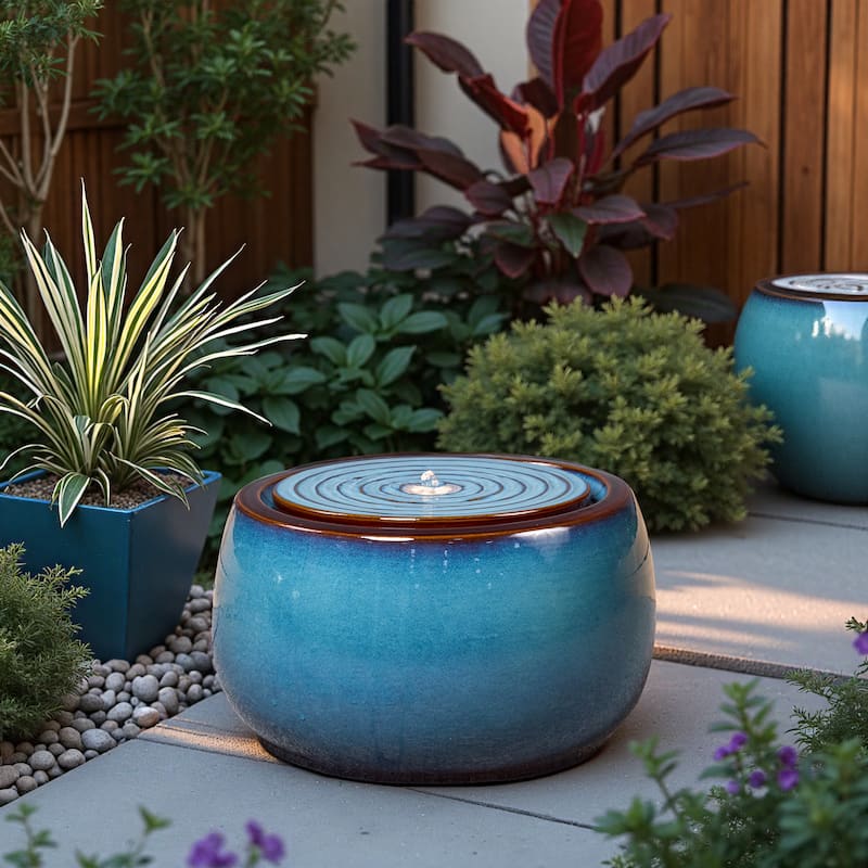 Round Blue Ceramic Water Floor Fountain with LED Light and Pump