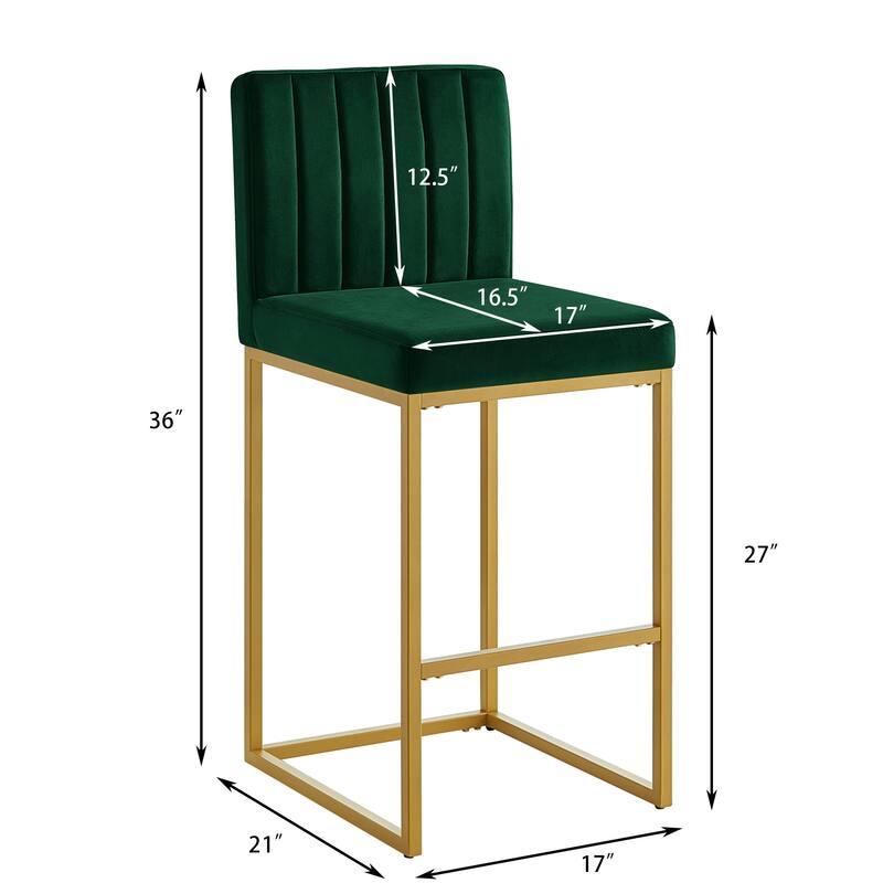 Counter Height Bar Stools Set of 2, Velvet Upholstered Bar Stools with Back, Breakfast Bar Chairs with Metal Footrest