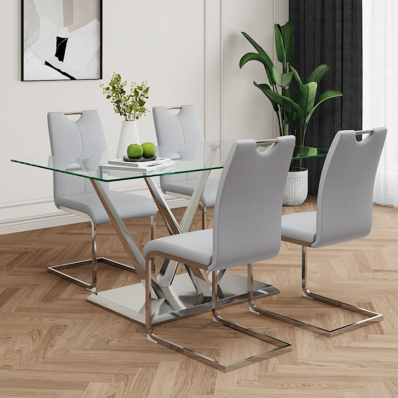 63" Glass Dining Table Set for 4, 5 Piece Dining Table and Chairs Set, Rectangular Table with 4 Faux Leather Chairs & Metal Legs