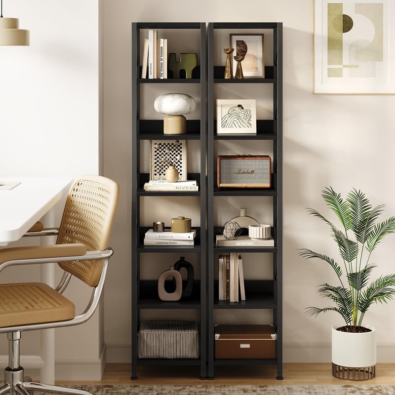 6-Tier Slim Bookshelf Tall Rustic Metal Frame Bookcase Narrow Corner Shelf