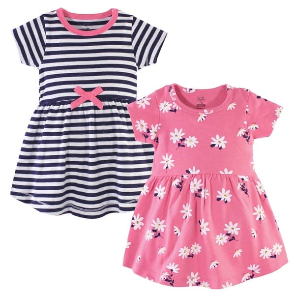 slide 1 of 1, Hudson Baby Infant and Baby Girl Cotton Short-Sleeve Dresses 2pk, Pink Daisy 0-3 Months - Pink Daisy