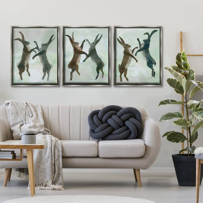 Stupell Battling Hares in Neutral Tones Framed Floater Canvas Wall Art Design By Kay Widdowson (Set of 3)