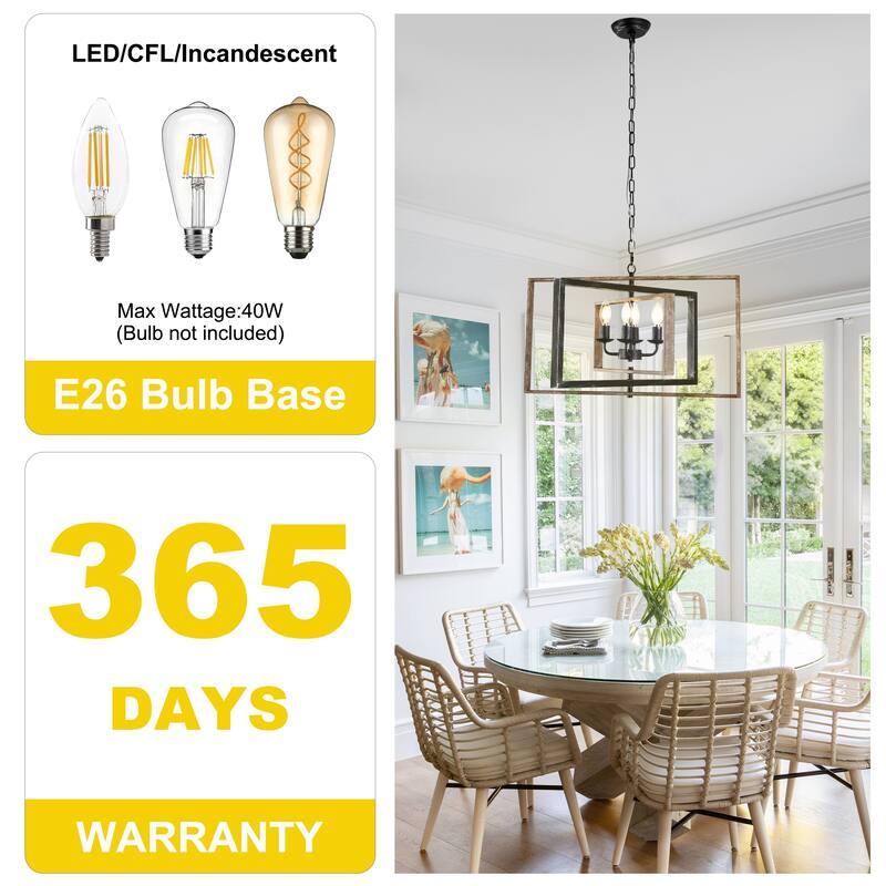 Oaks Aura Wooden Chandelier,Rectangular Frame Pendant Light,Farmhouse Hanging Lamp,Height Adjustable for Living Room,Dining Room