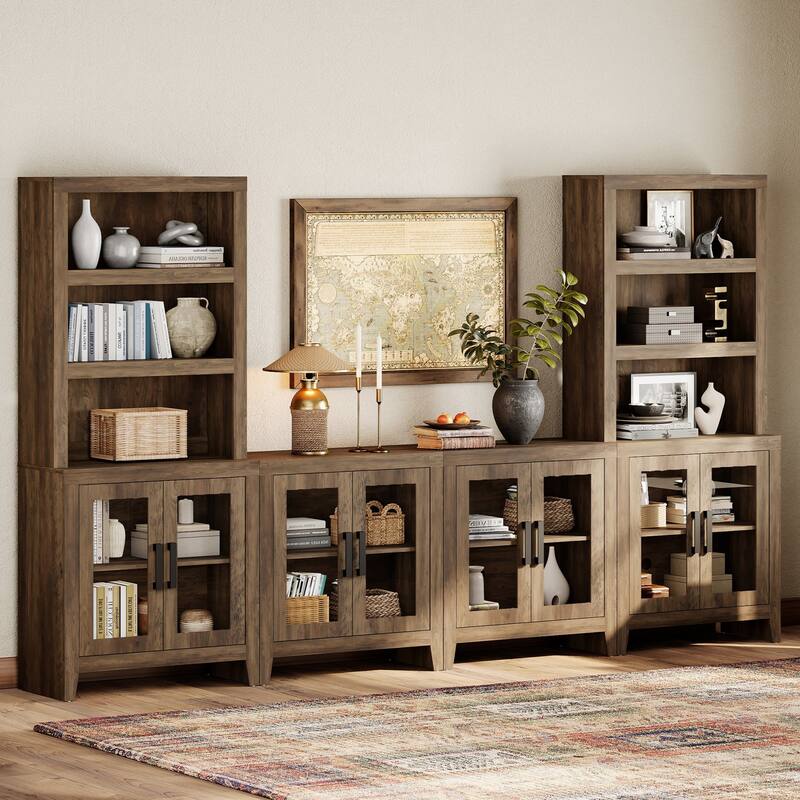 WAMPAT Farmhouse Entertainment Center with Bookshelves, Modular TV Stand with Storage Cabinets & Glass Doors