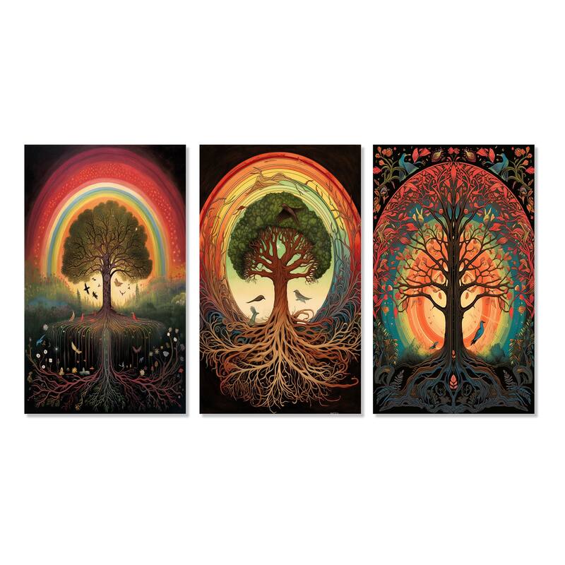 Designart "Tree Of Life Rainbow Retro Illustration" Landscape Trees Wall Art Set Of 3 - Canvas Set For Living Room Decor