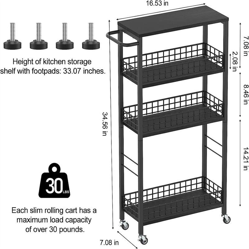 Storage Cart Rolling Kitchen Cart with Wheels Narrow Laundry Storage Utility Cart - 7.08"D x 16.53"W x 34.56"H
