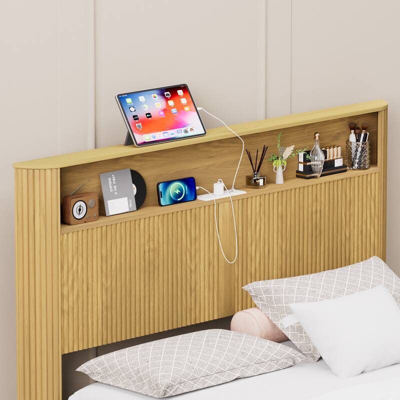 Queen Size Bed Frame With Storage Headboard, Built-In Charging Station, Wavy Curved Lines Design, Silent Operation