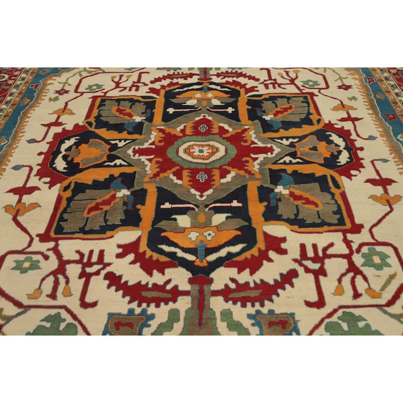 Hand Knotted Oriental 100% Wool Carpet Traditional Medallion Beige & Ivories Heriz (serapi) Area Rug - 13' 10'' X 9' 7''