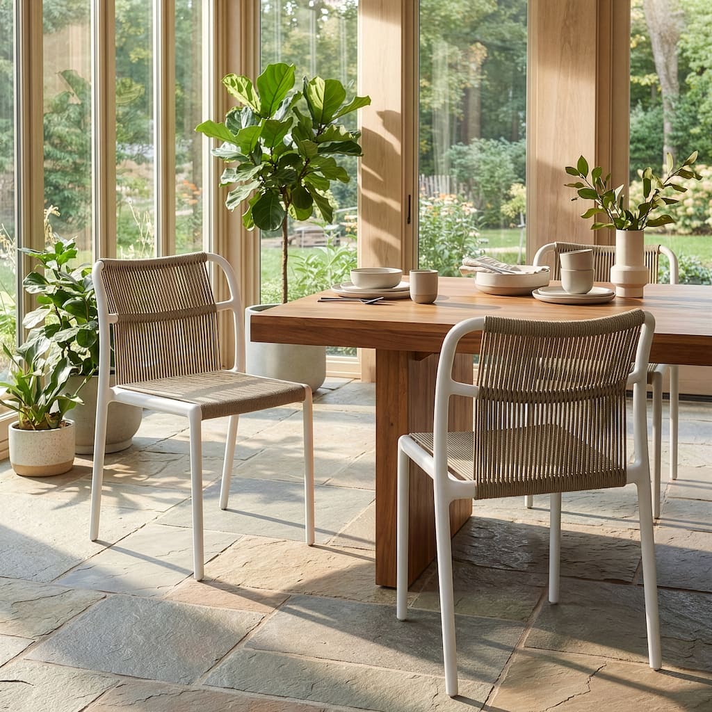 Set of 2 Belden Beige Woven Rope Fabric Dining Chair with Plastic Frame