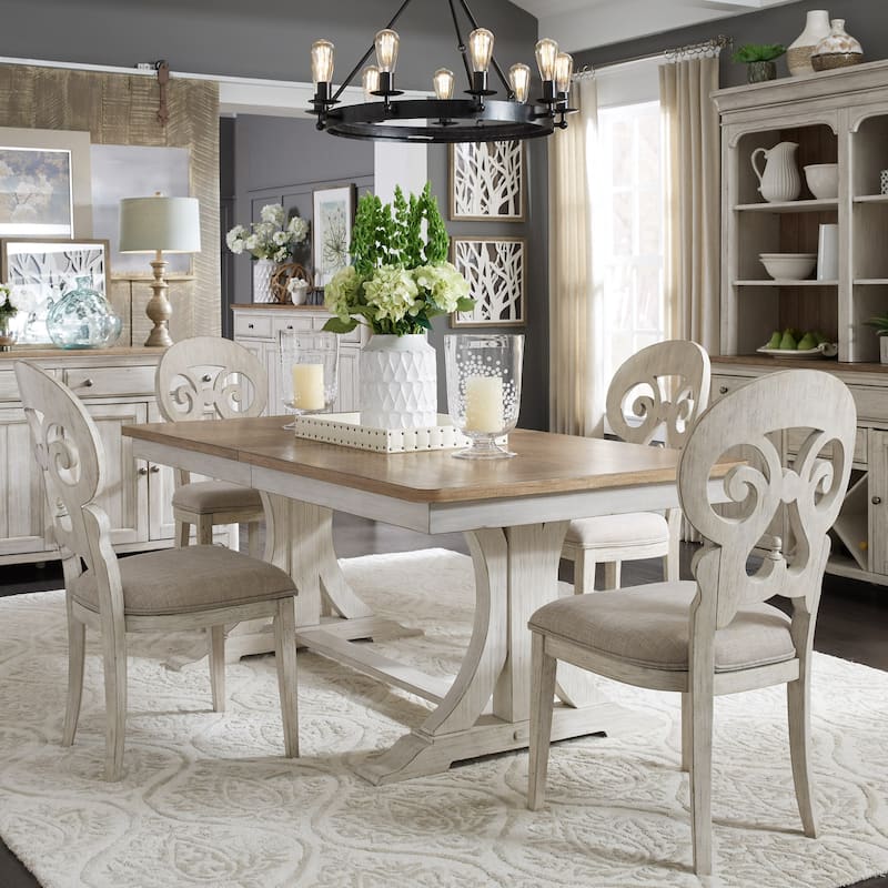 Farmhouse Reimagined Antique White with Chestnut 5 Piece Trestle Table Set - Chestnut