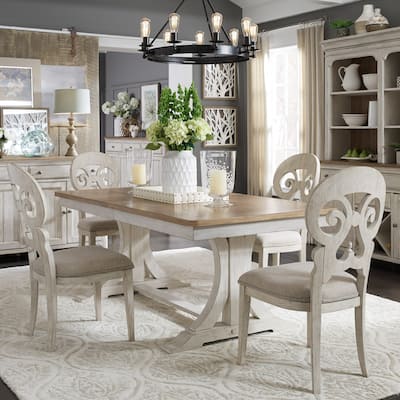 Farmhouse Reimagined Antique White with Chestnut 5 Piece Trestle Table Set