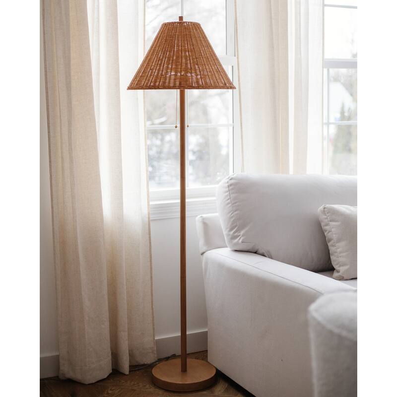 Palma 61" 2-Light Coastal Bohemian Iron/Rattan LED Floor Lamp with Pull-Chain, Brown Wood Finish by JONATHAN Y