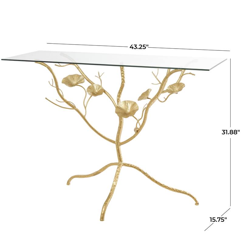 Metal Floral Branch Console Table with Tempered Glass Tabletop - Gold - Roche River Decor
