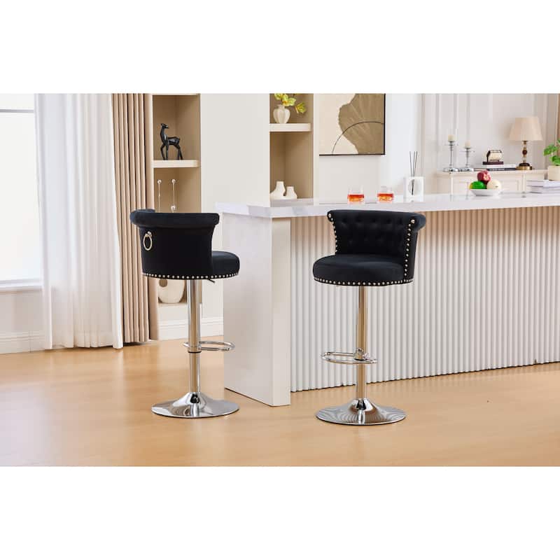 Velvet Upholstered Bar Stool Set of 2, Adjusatble Height Swivel Bar Stools, Dining Chairs with Curved Backrest & Footrest