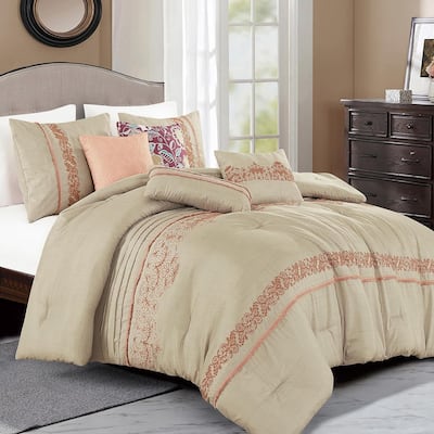 7 Piece Comforter Set Beige Floral Soft Embroidered Bedding