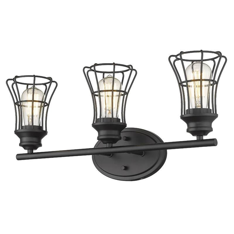 Transitional Bronze 3-Light Wall Flush Mount Sconce with Matte Black Cage Shades and Damp Rated E26 Base