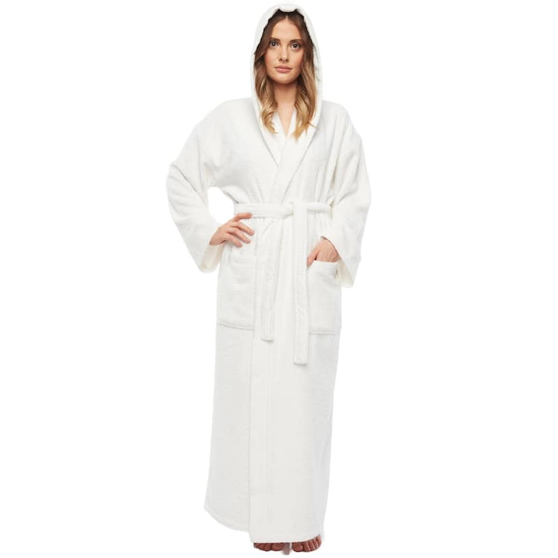 Women's Hooded Long Bathrobe Terry Cotton - Full Ankle Length Spa Robe - White - L/XL