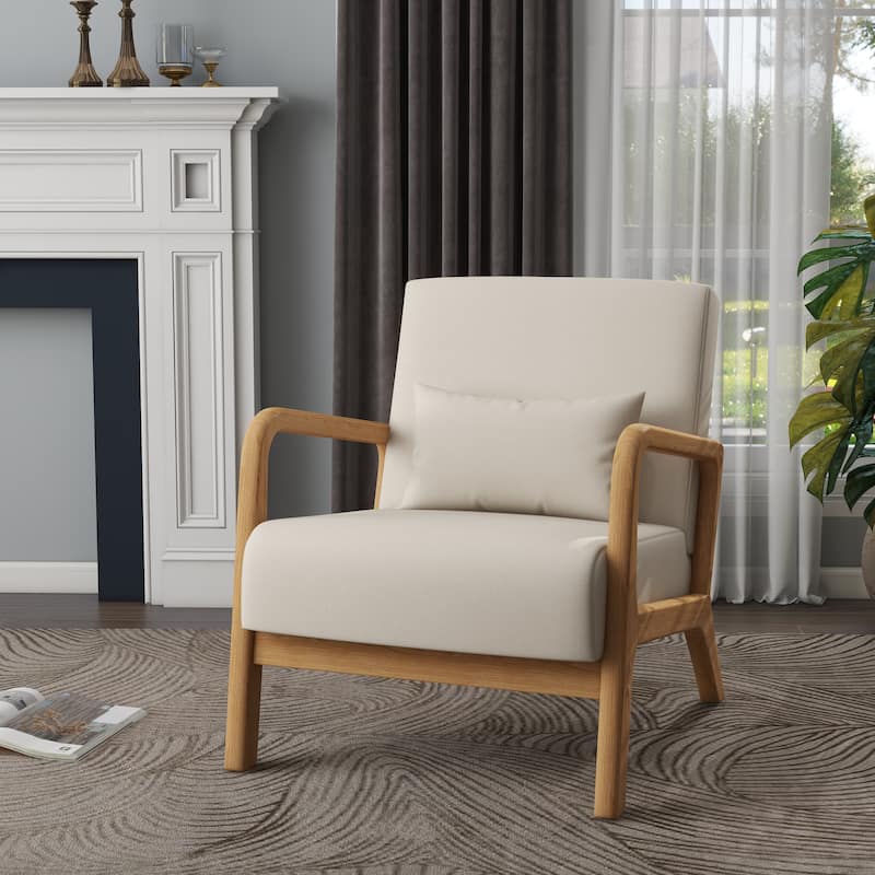 Mid Century Modern Upholstered Accent Chair with Pillow - Beige/Linen/Natural Wood