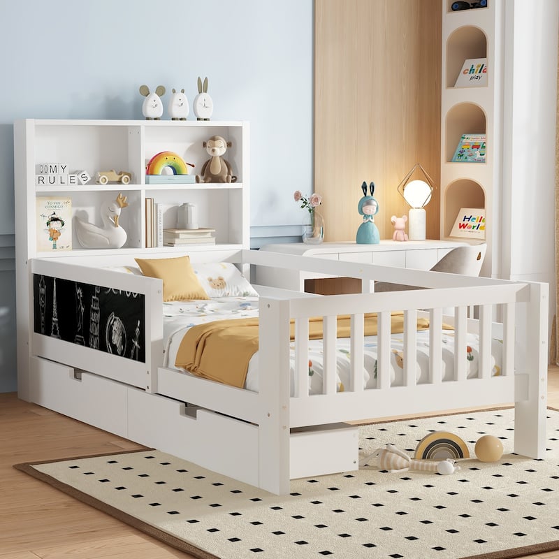 Childlike Fun Solid Wood Low-profile Platform Bed Storage Bed Frame with Side Chalkboard, Open Shelves, Drawers and Guardrails