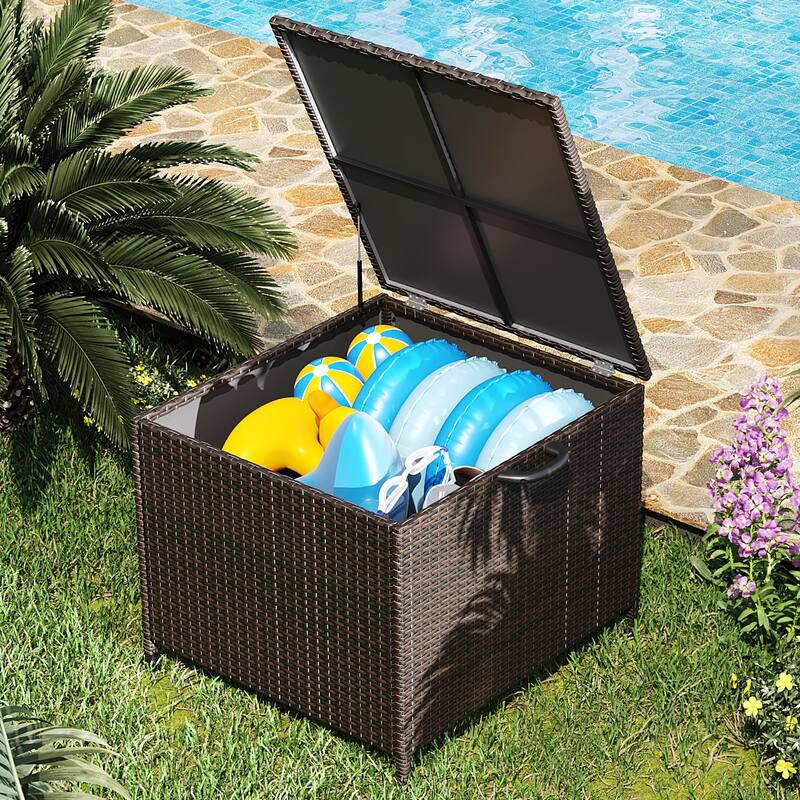 Outdoor Storage Box, 80 Gallon Rattan Deck Box with Support Frame and Wheels - 80 Gallon - Brown - 80 Gallon
