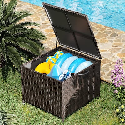 Outdoor Storage Box, 80 Gallon Rattan Deck Box with Support Frame and Wheels - 80 Gallon