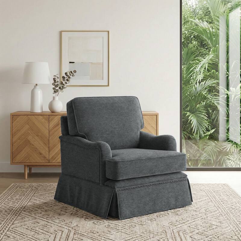Chenille Swivel Accent Chair with Nailhead Trim Skirt - Grey