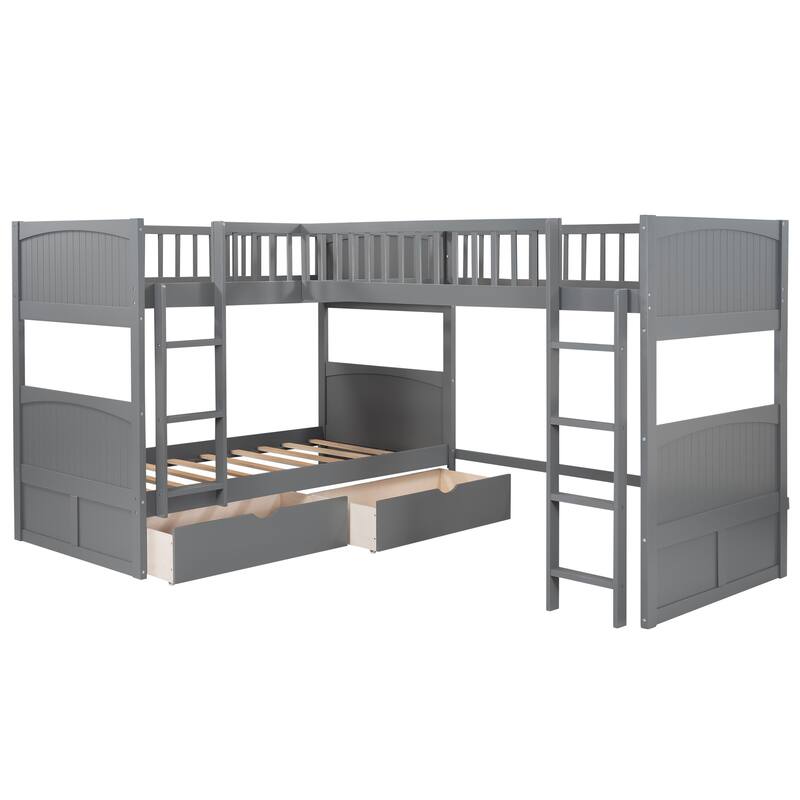 Twin Over Twin Wood L-Shaped Triple Bunk Bed with a Loft Bed Attached