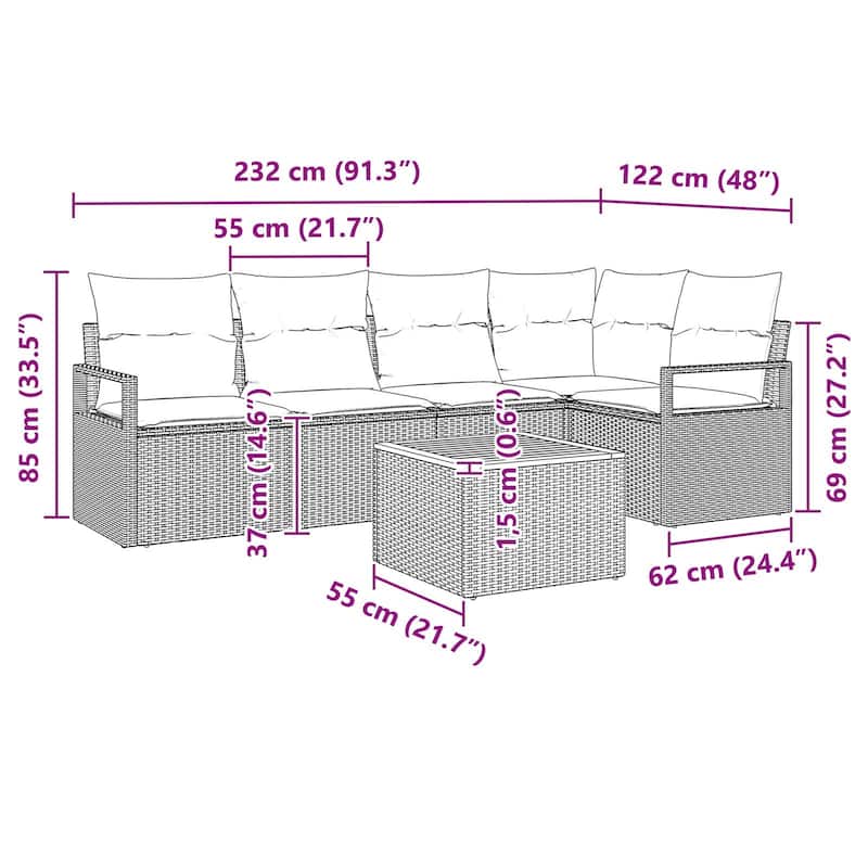 vidaXL 6 Garden Sofa Set with Cushions Black/Grey Poly Rattan - 91.3 x 48 x 27.2