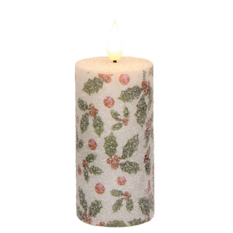 White Red Green LED Taper Candle with Holly Berries and Timer - 2 x 4