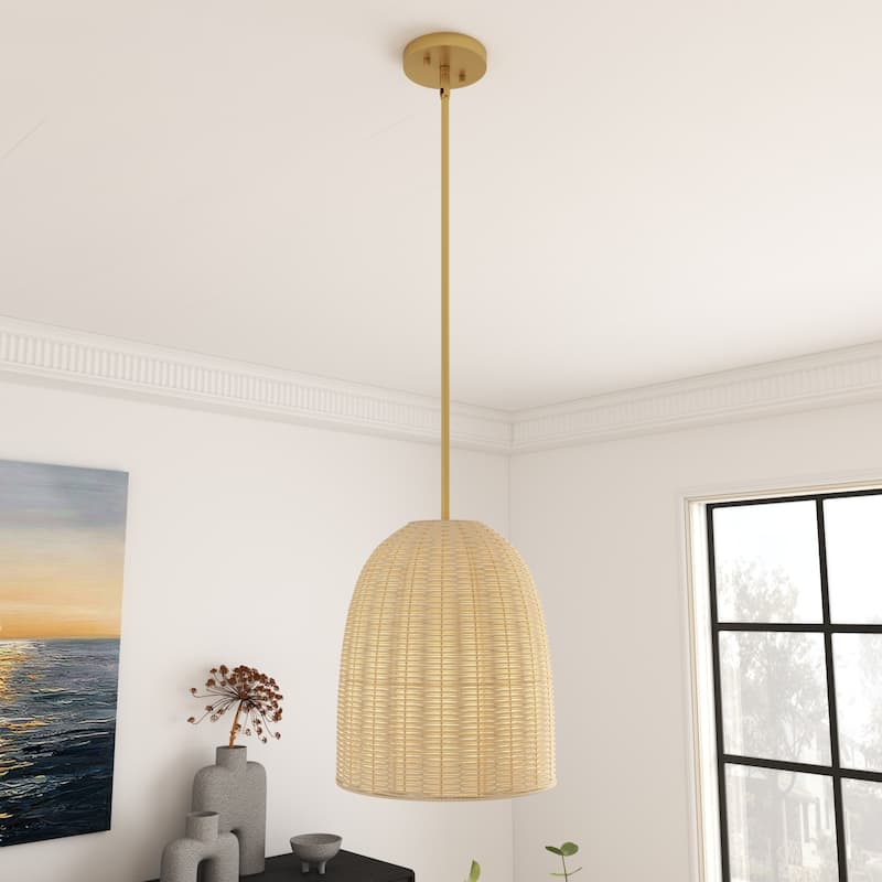 Acroma 1-light Farmhouse Rattan Kitchen Island Pendant - Brass/Natural
