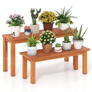 Gymax Wooden Plant Stand Set of 2 w/ Teak Oil Finish Slatted Top