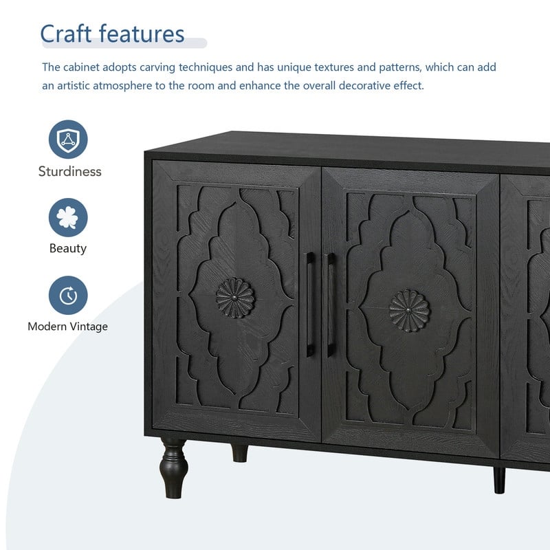 Carved Floral Door Large Storage Cabinet with Metal Handle for Living Room, Kitchen, Entryway