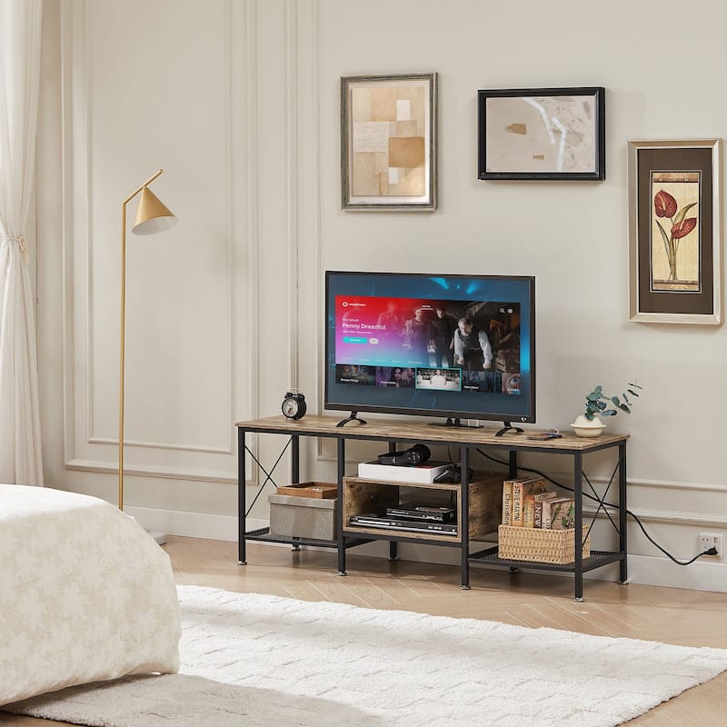 VECELO Wood TV Stand with Charging Station,Storage Shelves Entertainment Center TV Cabinet