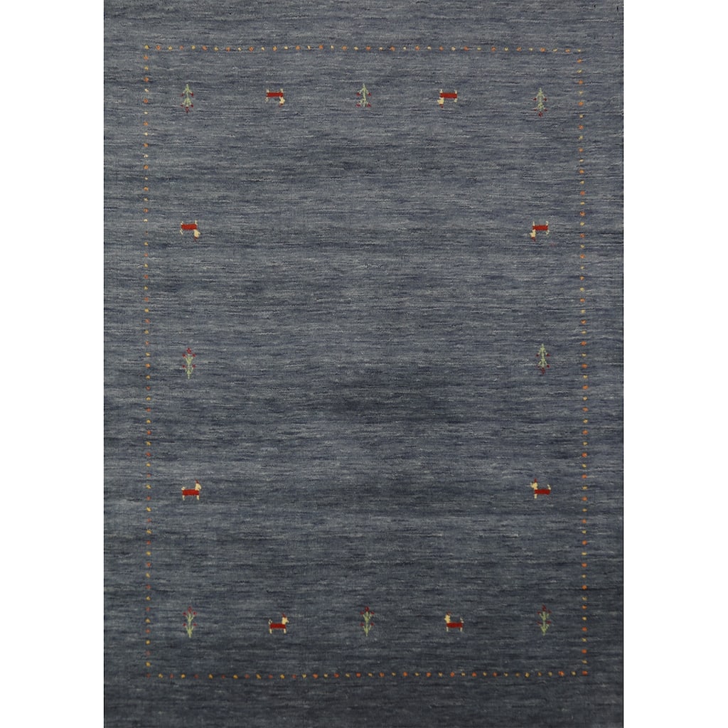 Tribal Gabbeh Oriental Area Rug Hand-Knotted Blue Wool Carpet - 4'1" x 5'11"