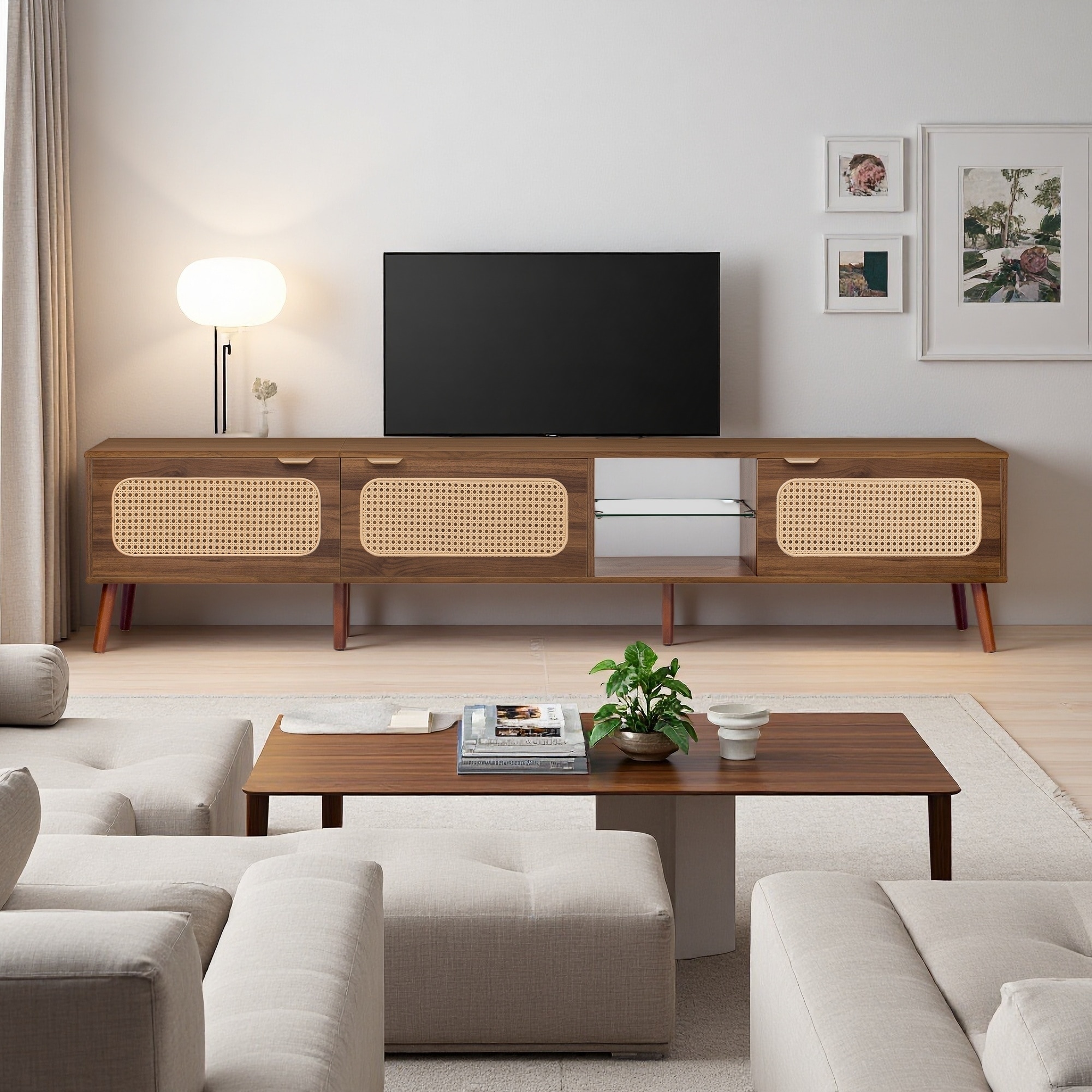 78.7" Solid Wood TV Stand with Rattan Doors, Glass Shelves & Soft-Closing