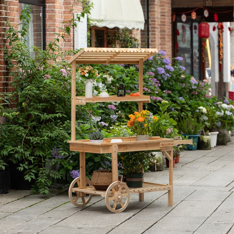 2 Wheeled Wood Wagon with Shelves for Plants and More
