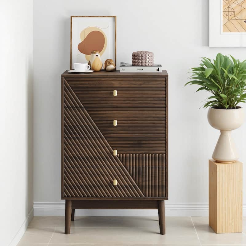 Modern Four-Drawer Dresser In Walnut – Versatile Storage Cabinet For Bedroom, Living Room, Or Hallway‌