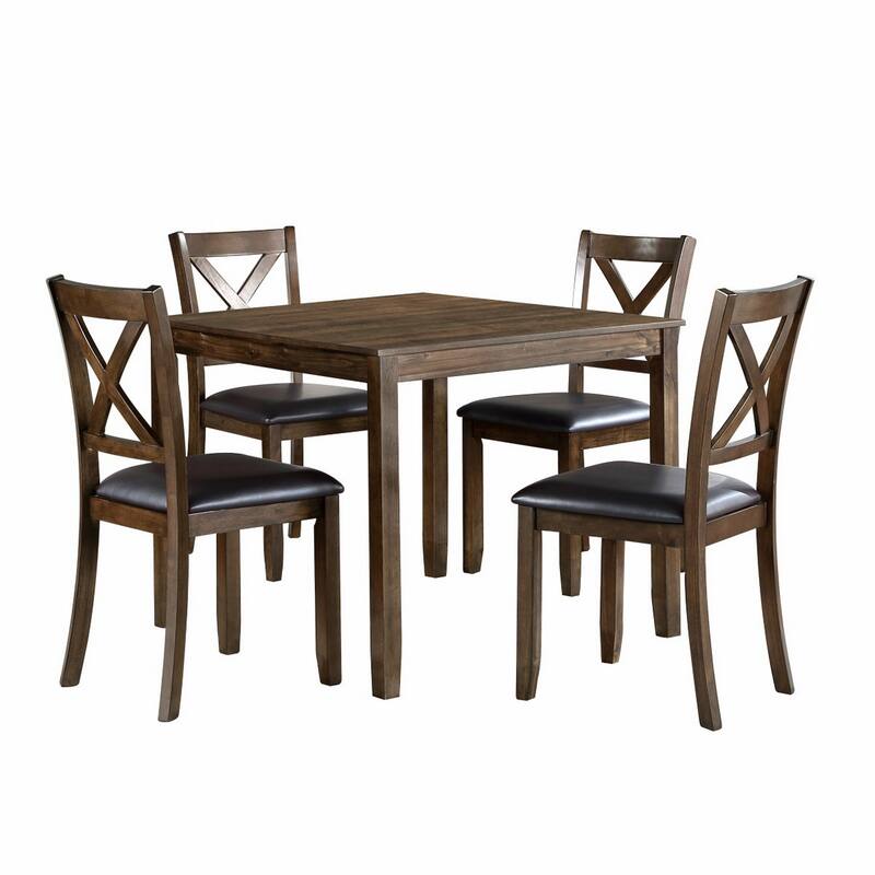 Gimi 5pc Dining Set, Square Table, 4 Chairs, Faux Leather Seats, Brown Wood