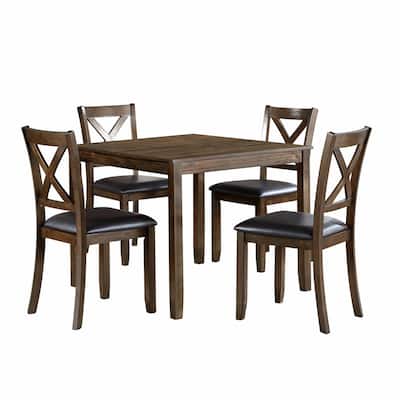 Gimi 5pc Dining Set, Square Table, 4 Chairs, Faux Leather Seats, Brown Wood