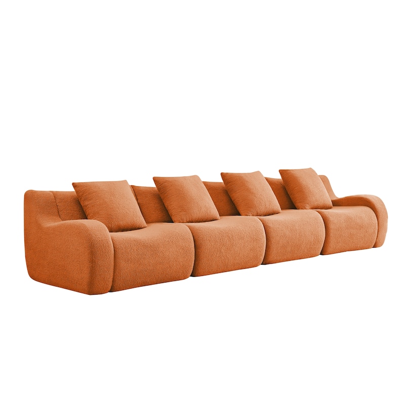 118" Teddy Fabric Boneless Couch, Upholstered 4-Seat Sofa with Curved Armrests, Modular Deep Seat Sofa, No Assembly Required