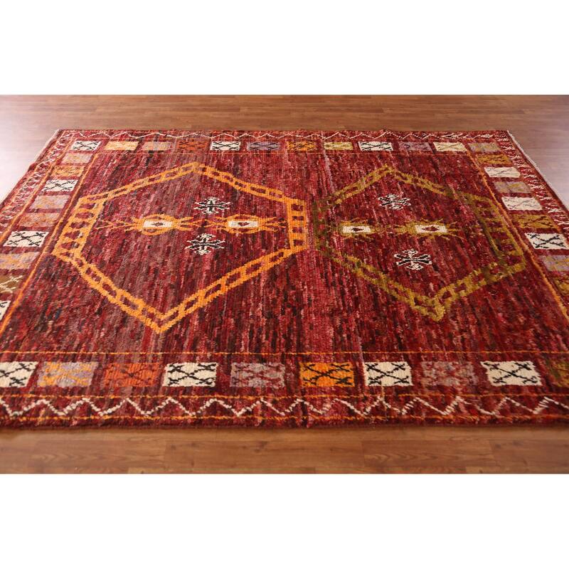 Geometric Red Moroccan Oriental Area Rug Hand-Knotted Wool Carpet - 6'10" x 9'7"