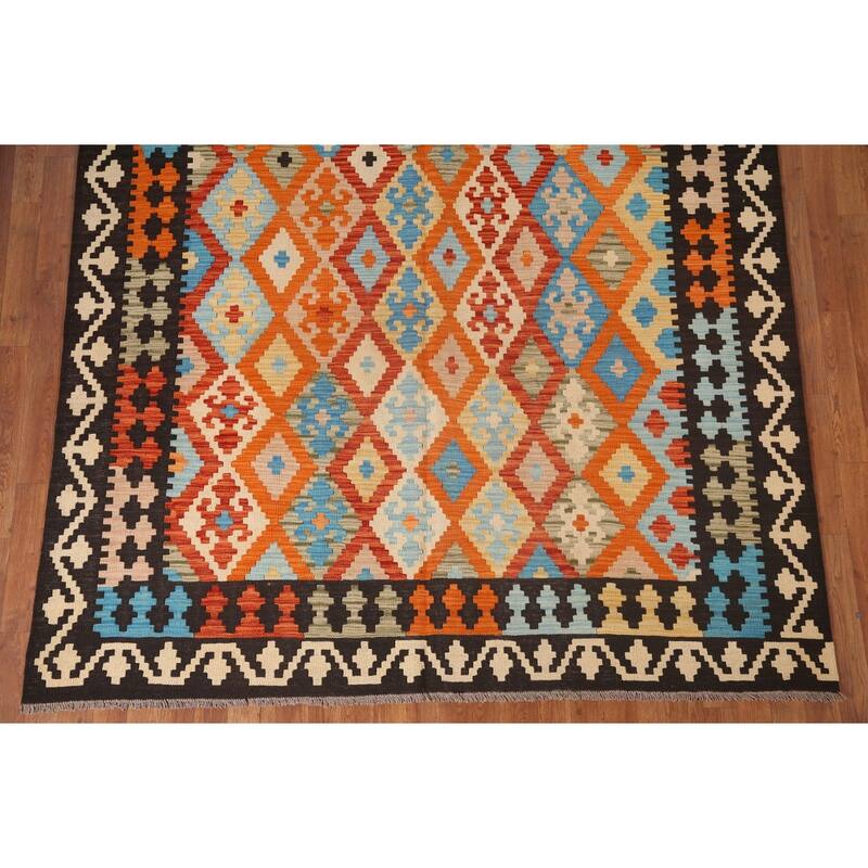 Hand Woven Oriental 100% Wool Carpet Southwestern Geometric Oranges & Rust Kilim Area Rug - 9' 9'' X 6' 8''