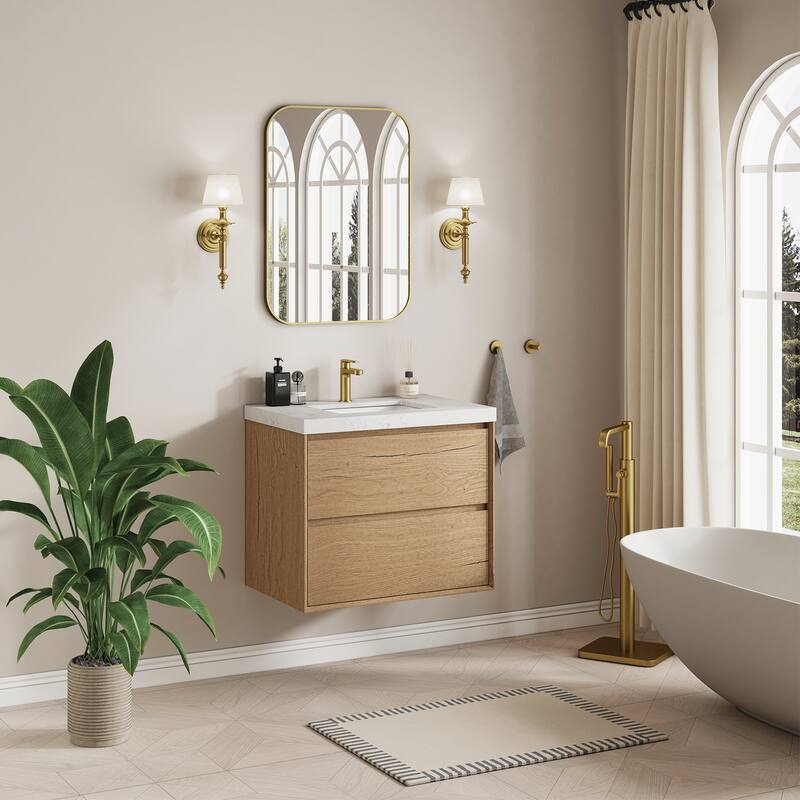 Sylphar 30 inch Bathroom Vanity with Sink, Floating Oak Cabinet with Stone Top
