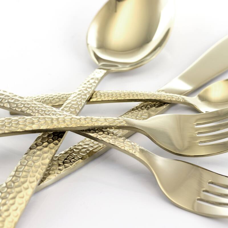 Daisy 20 Piece Hammered Design Stainless Steel Silverware Set in Gold