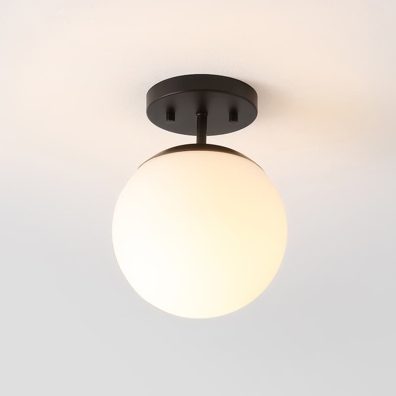 Galax Bistro 7.75" 1-Light Bohemian Farmhouse Iron/Frosted Glass LED Semi Flush Mount, Brass Gold/White by JONATHAN Y - Black/White