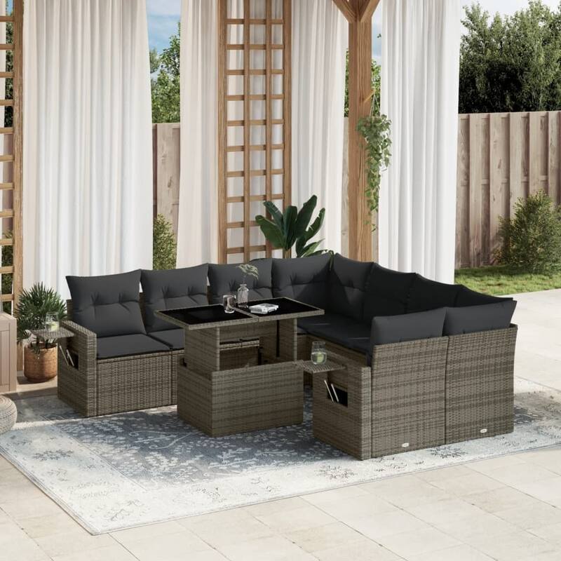 vidaXL Patio Sofa Set with Cushions Outdoor Furniture 9 Piece Poly Rattan - 24.4 x 24.4 x 27.2 - Grey-without storage