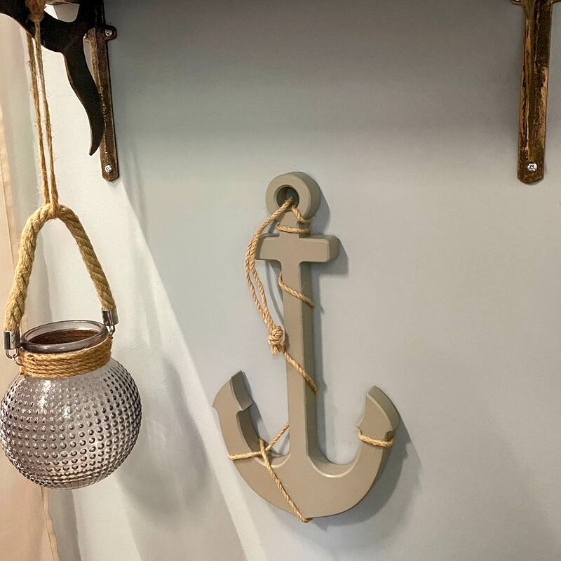 Set Of 2 Wood Nautical Wall Anchors 15In Rope Beach Coastal Decor Blue