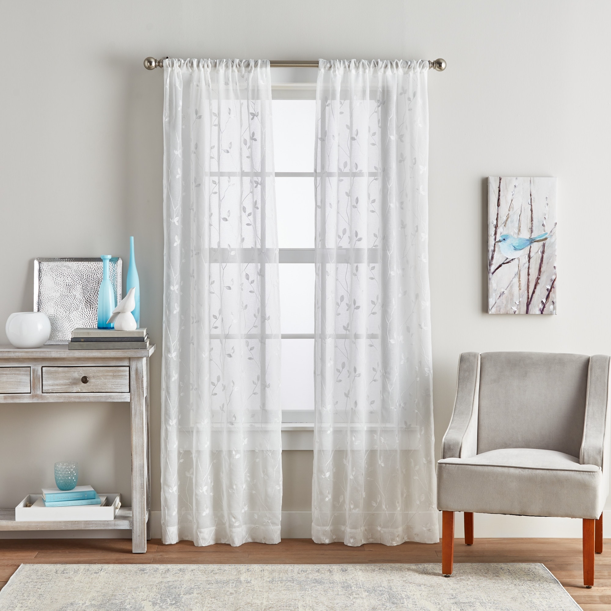 Curtainworks Botanical Embroidery Sheer Rod Pocket Curtain Panel Pair