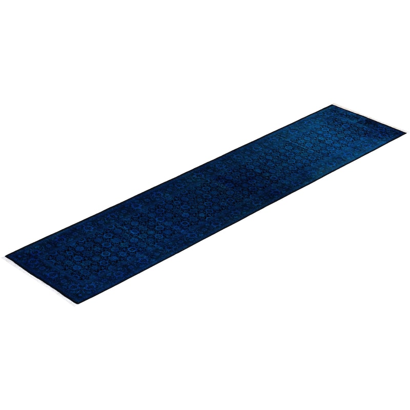 Overton Hand Knotted Wool Vintage Inspired Modern Contemporary Overdyed Blue Runner Rug - 2' 7" x 11' 10"